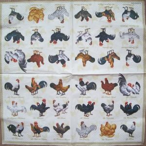 Салфетки породы кур на бежевом фоне код ПТМ0749(в) трехслойная, размер 25*25 см. В упаковке 20 штук салфеток.