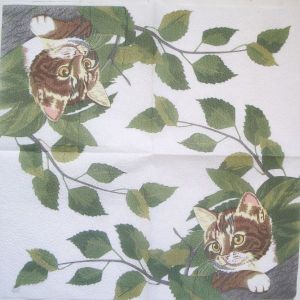 Салфетка котик на дереве код ТМ1083(б), однослойная, размер 25х25 см.