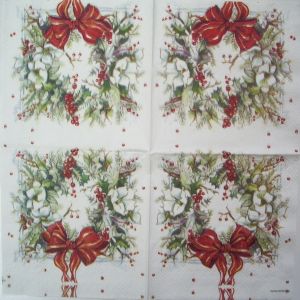 Салфетка новогодний венок с бантиком (нечеткий рисунок) код ТМ2071, трехслойная, размер 25х25 см.