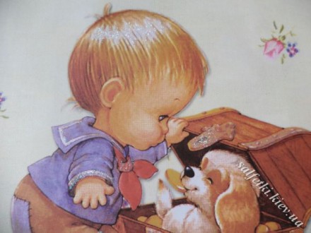 Пакет детский бумажный с глиттером &quot;Малыш и щенок в сундуке&quot; 26х32 см