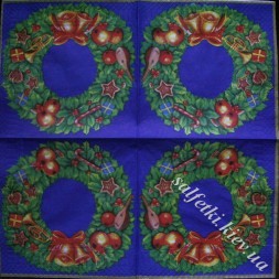 Серветка новорічний віночок на синьому 33 х 33 см (ТС0590)