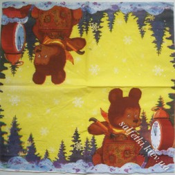 Серветка ведмідь з будильником на жовтому фоні 33 х 33 см (ТС0219(г))