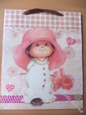 Пакет детский бумажный с глиттером &quot;Малышка в шляпе&quot; 26х32 см