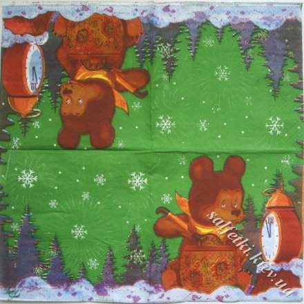 Серветка ведмідь з будильником на зеленому фоні 33 х 33 см (ТС0219(а))