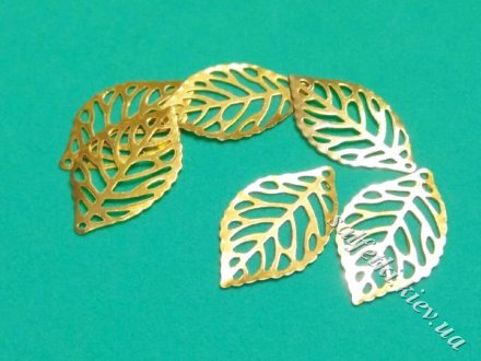 Small metal leaf (5 pcs) with veins 24 x 14 mm gold (filigree)