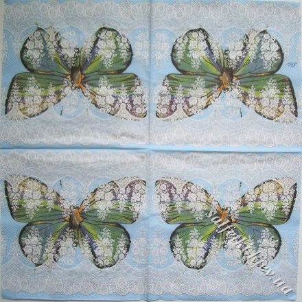 Салфетка бабочка в кружевах зеленая на голубом 33 х 33 см
