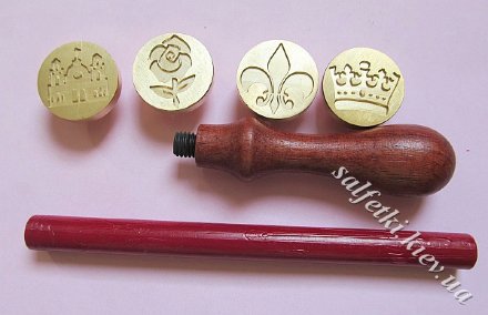 Набір печаток для сургуча: 4 печатки, ручка, паличка сургуча - печатка металева