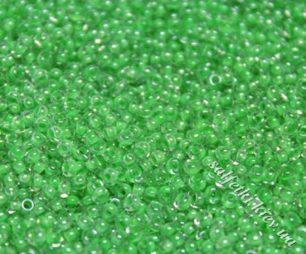 Бисер Preciosa 10/0, № 38156 Прозрачный с цветной полосой внутри, Зеленый, Круглый 10г.