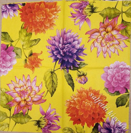 Серветка жоржини на жовтому 33 х 33 см (ТС0229(б))