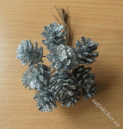 Шишки декоративные в блестках серебро (пучок)