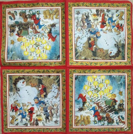 Серветка гноми на лісовій галявині червона рамка 25 х 25 см (ТМ4885(в))