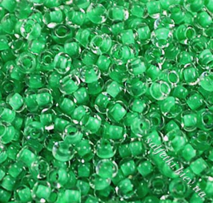 Бисер Preciosa 10/0, № 38356 Прозрачный с цветной полосой внутри, Зеленый, Круглый 10г.