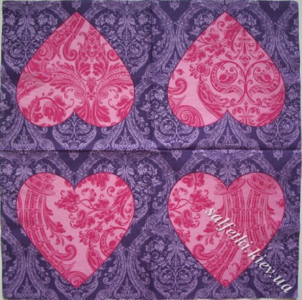 Серветка рожеве серце у фіолетових візерунках 33 х 33 см (ТС1237(а))