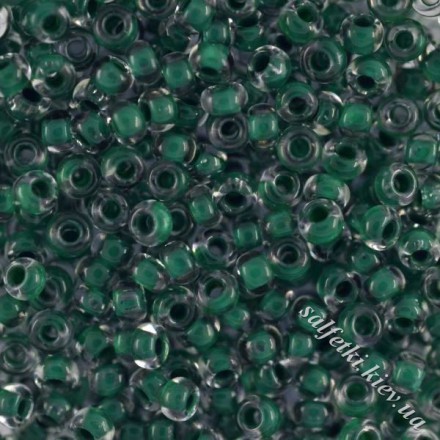 Бисер Preciosa 10/0, № 38458 Прозрачный с цветной полосой внутри, Темный Изумрудно-Зеленый, Круглый 10г.