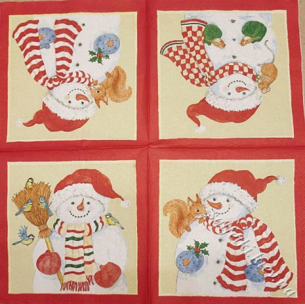 Серветка сніговики з тваринами на жовтому тлі 33 х 33 см (ТС1149(б))