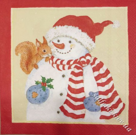 Серветка сніговики з тваринами на жовтому тлі 33 х 33 см (ТС1149(б))