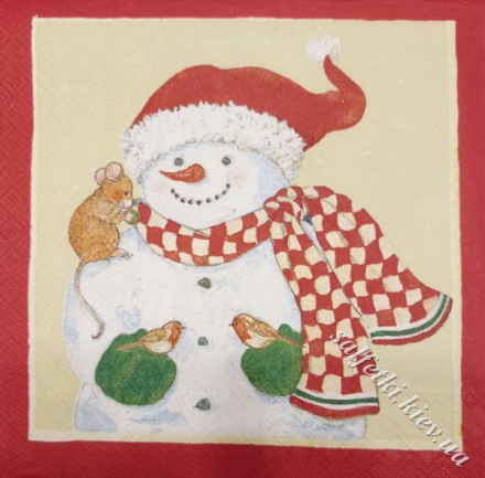 Серветка сніговики з тваринами на жовтому тлі 33 х 33 см (ТС1149(б))